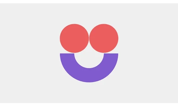 Smiling face logo with red eyes and purple mouth.