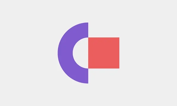 Purple and red abstract logo on a light gray background.