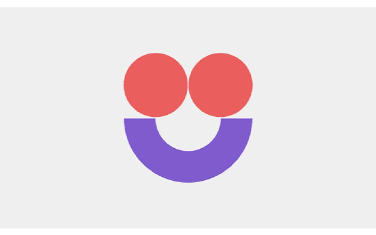 Smiling face logo with red eyes and purple mouth.