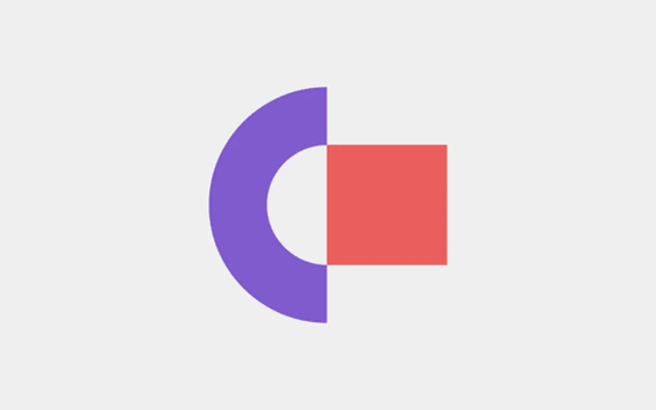 Purple and red abstract logo on a light gray background.