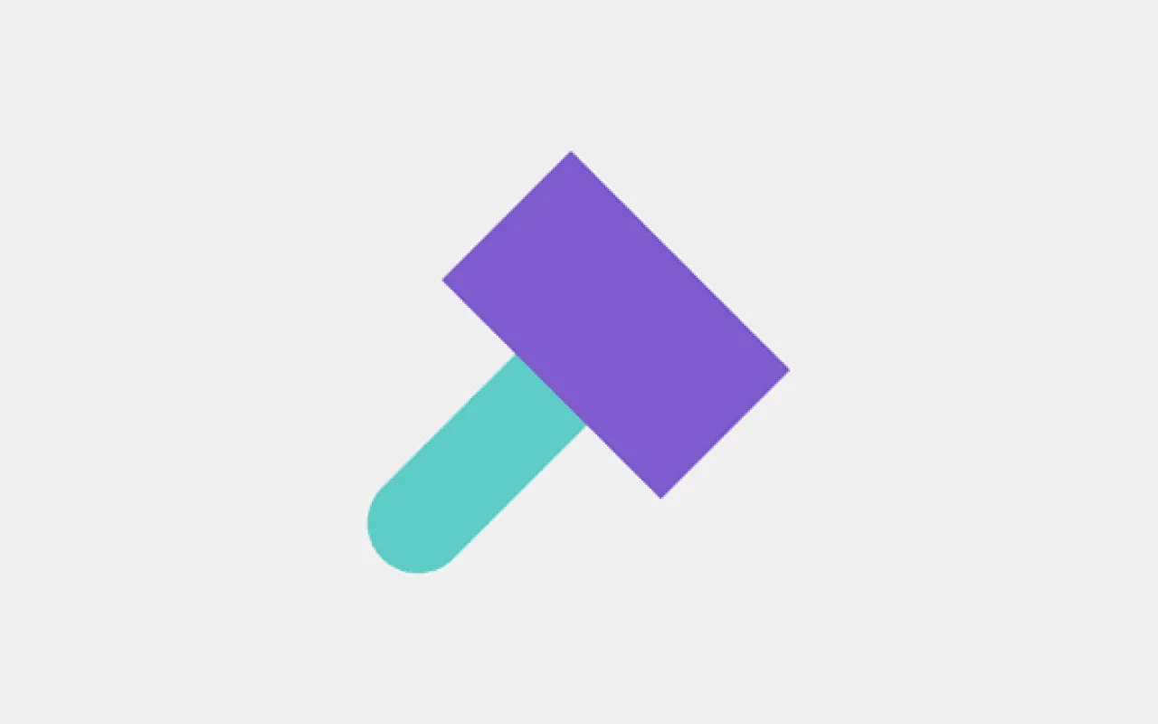 Purple and teal hammer icon on a light gray background.