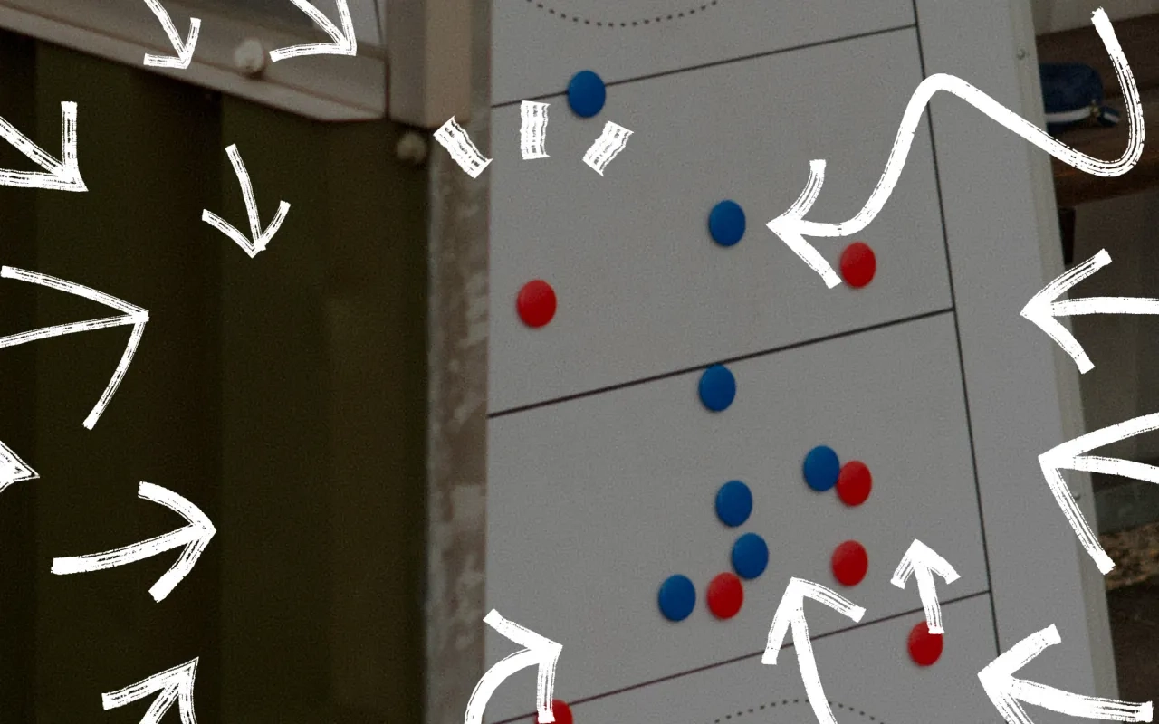 Whiteboard with red and blue magnets, surrounded by drawn white arrows.