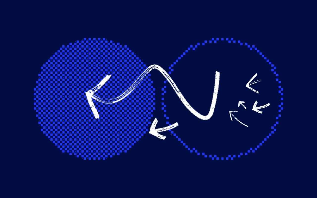 Two overlapping blue circles with white arrows and wavy line on dark background.