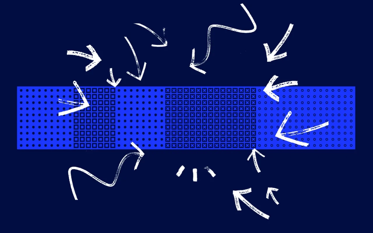 Blue band with white arrows pointing inward on dark background.