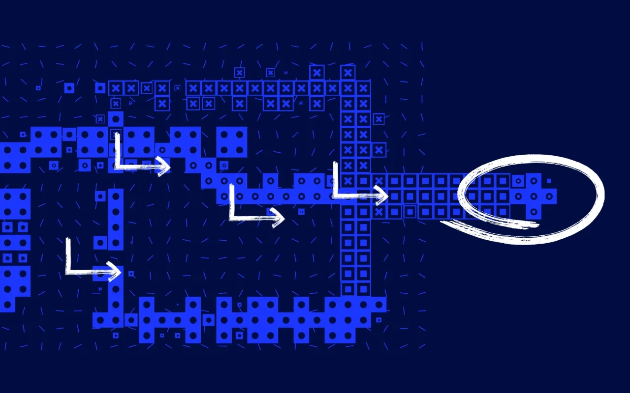 Blue digital maze graphic with white arrows and a highlighted target.