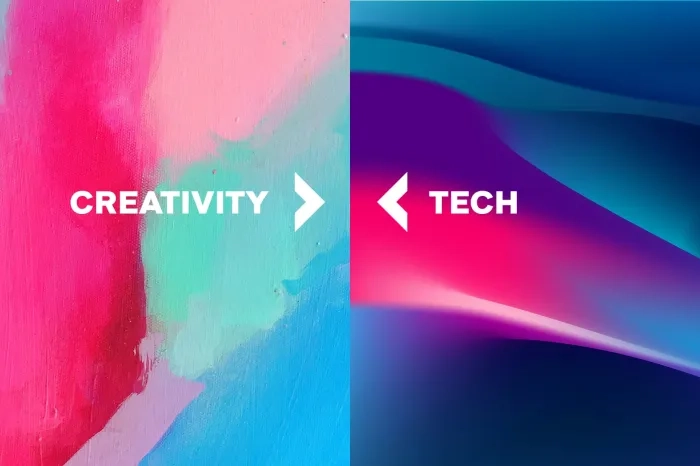 Colorful abstract art with text arrows between creativity and tech.