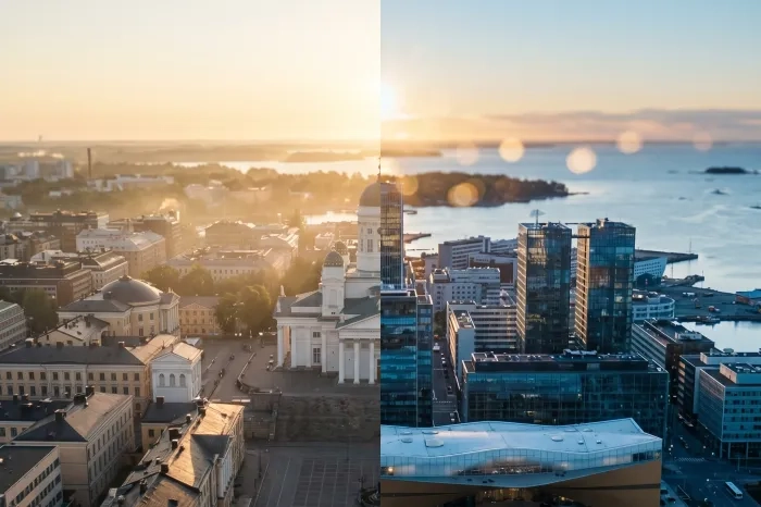 Aerial view of a city split into day and night, featuring buildings and a waterfront.