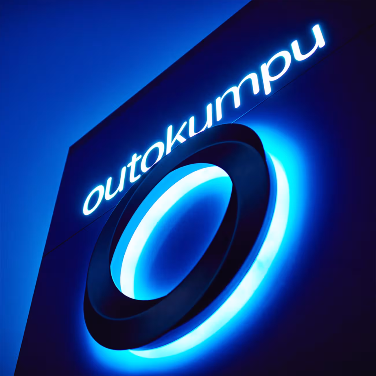 Outokumpu text and logo on dark blue background.