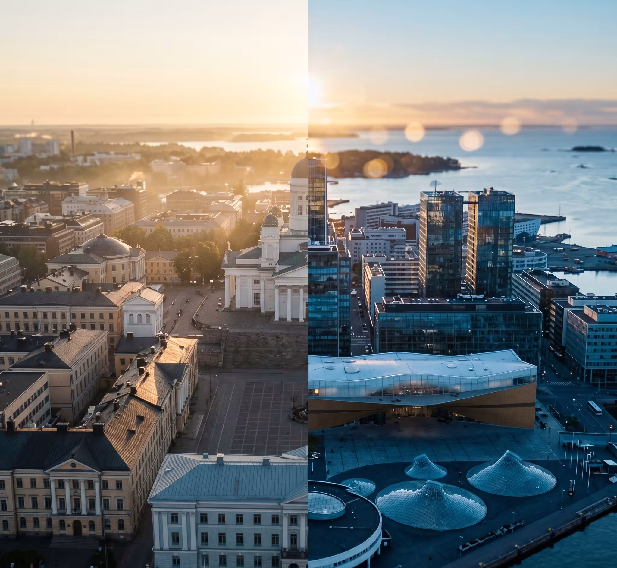 Aerial view of a city split into day and night, featuring buildings and a waterfront.