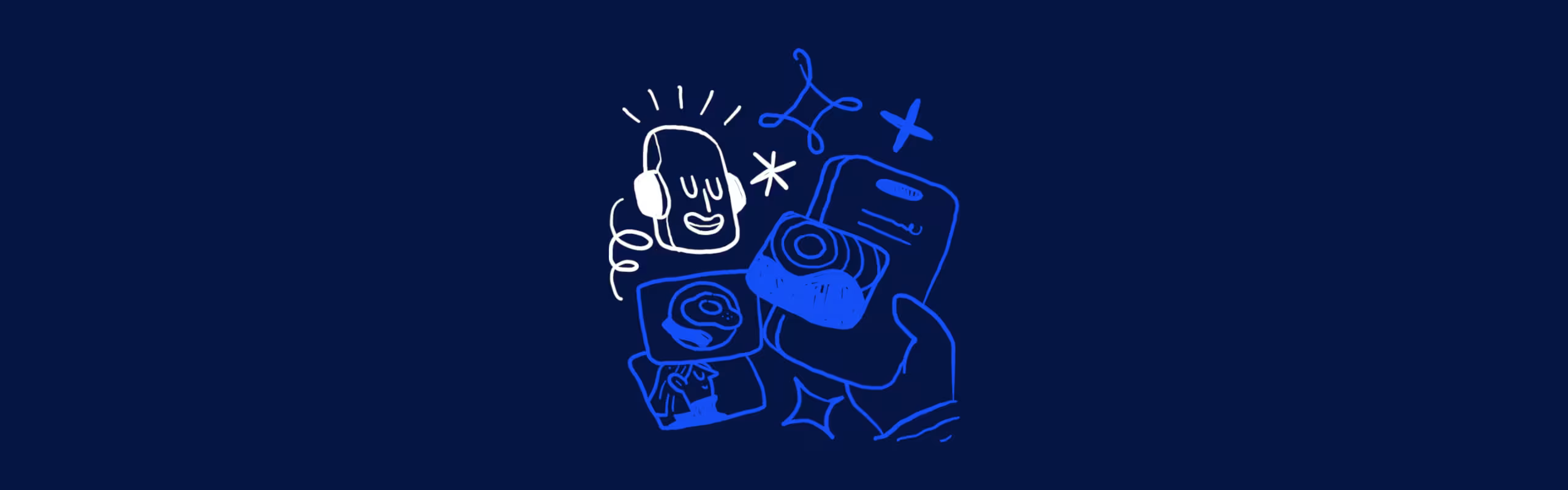 Cartoon graphics of a phone and speaker with doodles on a dark blue background.